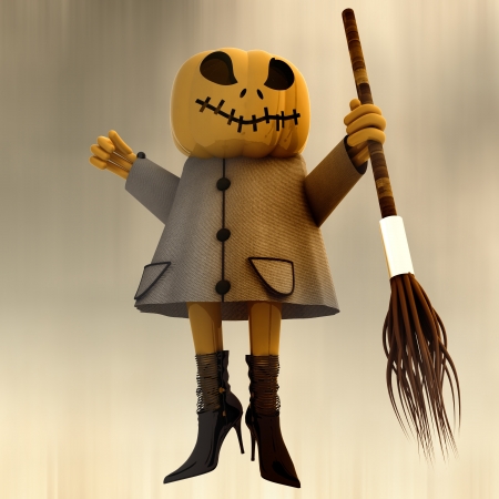 standing halloween pumpkin witch motion blur dark sky background render illustrationの写真素材