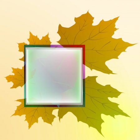 asymmetric orange colored maple leaves and square button card vector backdrop or illustrationのイラスト素材