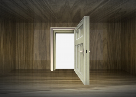 wood covered room interior and open door to space illustrationの写真素材