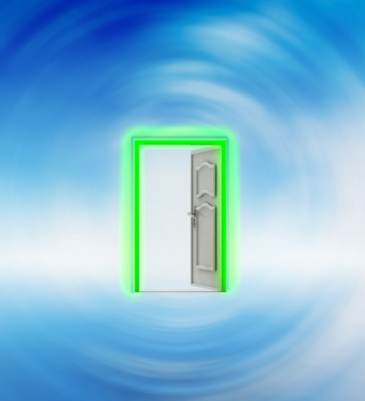 opened door in blue sky wind vortex illustrationの写真素材