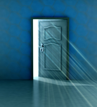 god salvation behind blue wall and opened door illustrationの写真素材