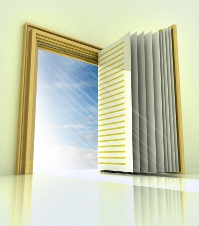 golden doorway with book door with blue sky illustrationの写真素材