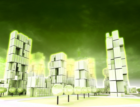 Super modern skyscraper city as yellow colored wallpaper illustrationの写真素材