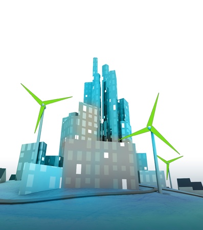 green windmills in modern green ecological city illustrationの写真素材