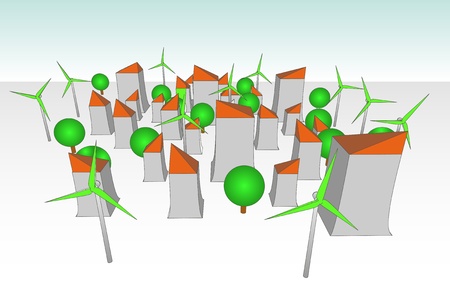green windmill powered futuristic city concept illustrationのイラスト素材
