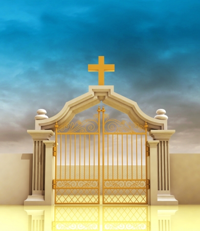closed golden entrance to paradise with sky illustrationの写真素材