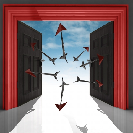 flying arrows in red doorway with sky illustrationの写真素材