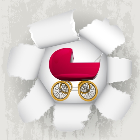 torn paper revelation of newborn in carriage のイラスト素材