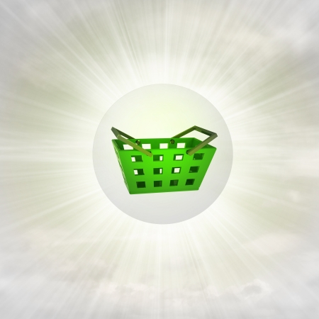 green shopping basket in glossy bubble in the air with flare illustrationの写真素材
