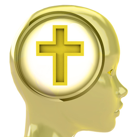 yellow human head with brain cloud with golden cross inside illustrationの写真素材