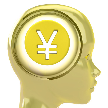 yellow human head with brain cloud with Yen coin inside illustrationの写真素材