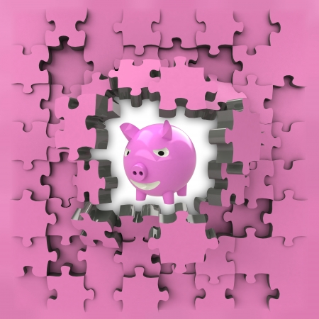 pink puzzle jigsaw with happy pig revelation illustrationの写真素材