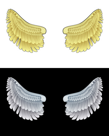 golden angel wings and another dark one in black and white set vector illustrationのイラスト素材