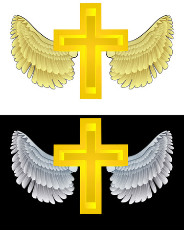 flying angelic holy cross icon in black and white set vector illustrationのイラスト素材