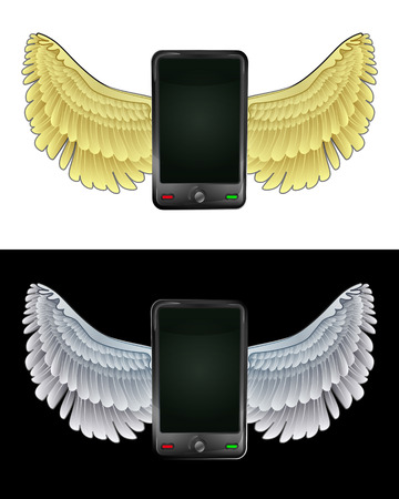 flying angelic smart phone icon in black and white set vector illustrationのイラスト素材