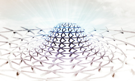 abstract blue three dimensional circular building background illustrationの写真素材