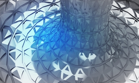 blue futuristic circular building three dimensional column background illustrationの写真素材