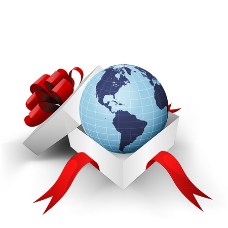 red ribbon wrapped box with American world globe inside vector illustrationのイラスト素材