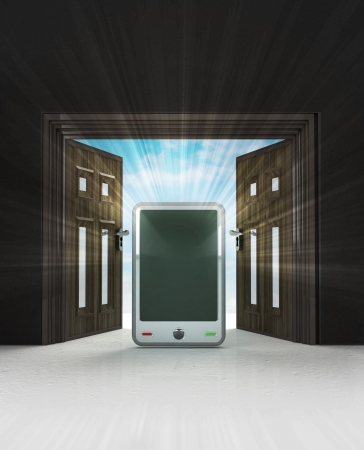 way to new smart phone through doorway space with sky flare illustrationの写真素材