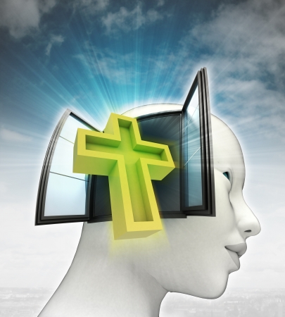 holy cross religion coming out or in human head with sky background illustrationの写真素材