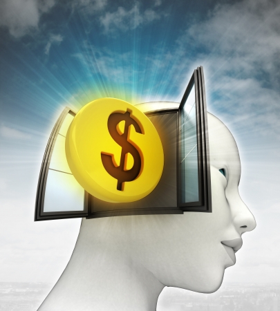 Dollar coin investment coming out or in human head with sky background illustrationの写真素材