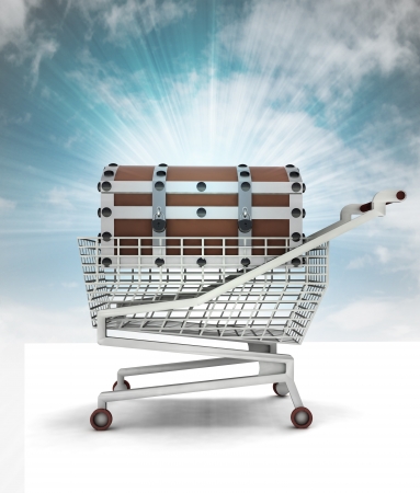 bought treasure in shopping cart with sky illustrationの写真素材