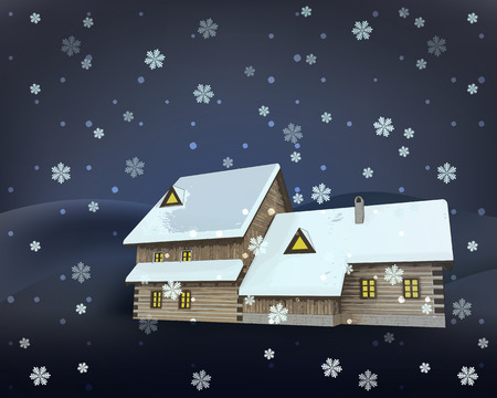 rural winter wooden cottage side perspective at night snowfall vector illustrationのイラスト素材