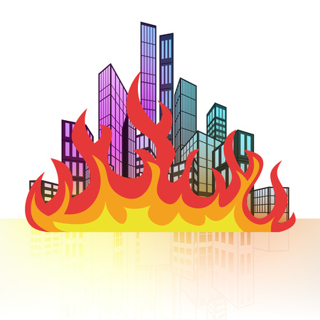 blaze fire in colorful cityscape silhouette behind vector illustrationのイラスト素材