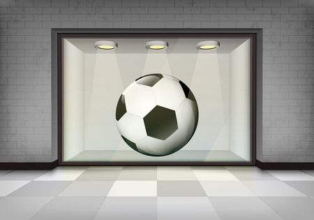 soccer ball in illuminated storefront vitrine vector concept illustrationのイラスト素材