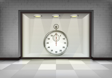 stopwatch timer in illuminated storefront vitrine concept illustrationのイラスト素材