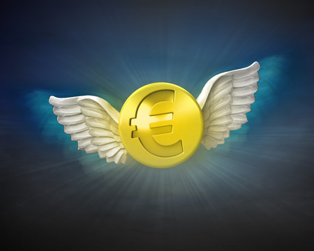 golden Euro coin with angelic wings flight in dark sky illustrationの写真素材