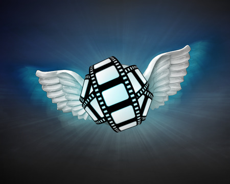 movie tape with angelic wings flight in dark sky illustration