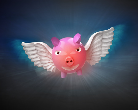 happy pig with angelic wings flight in dark sky illustrationの写真素材