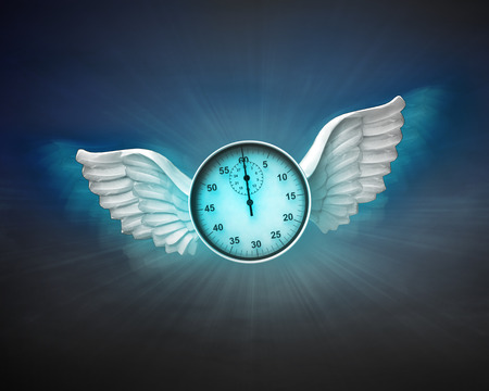 stopwatch with angelic wings flight in dark sky illustrationの写真素材