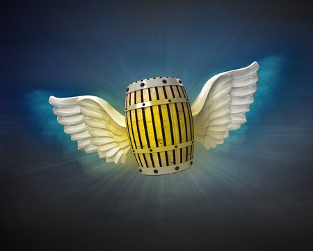 beverage keg with angelic wings flight in dark sky illustrationの写真素材
