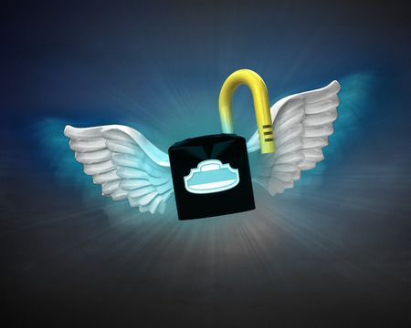 opened padlock with angelic wings flight in dark sky illustrationの写真素材