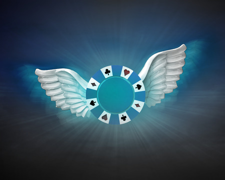 poker chip with angelic wings flight in dark sky illustrationの写真素材