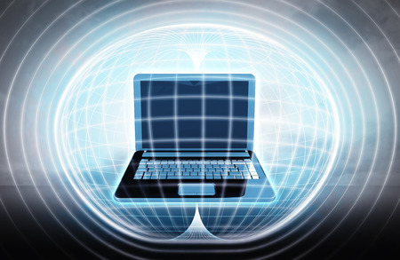 new laptop stuck in energy capsule as science project illustrationの写真素材