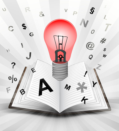 warning  bulb in opened book with flying alphabet concept vector illustrationのイラスト素材