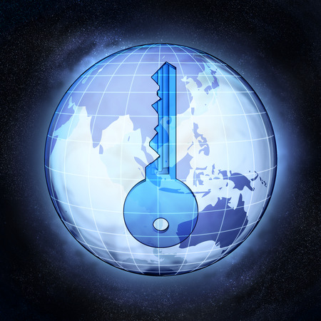 key to Asia earth globe at cosmic view concept illustrationの写真素材