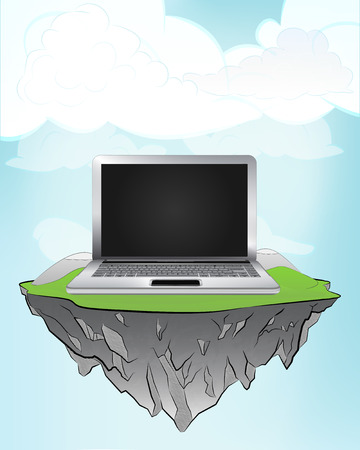 new laptop on flying island concept in sky vector illustrationのイラスト素材