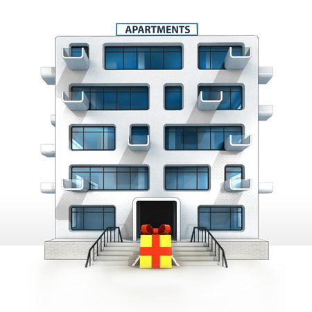 gift box in front of isolated apartment building illustrationの写真素材