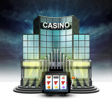 one armed bandit in front of illuminated casino at night illustrationの写真素材