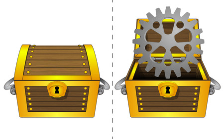  A closed wooden chest and a industrial cogwheel in an open wooden chestのイラスト素材