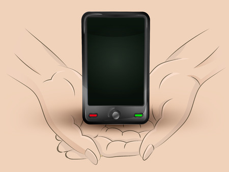 Holding new smartphone in two handsのイラスト素材