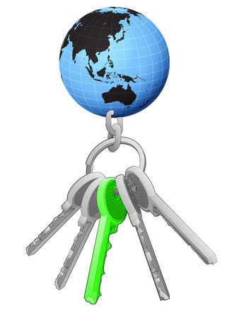 Asia world globe on key ring with green one isolated vector illustrationのイラスト素材