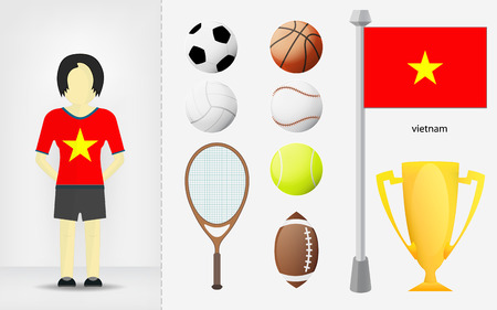 Vietnamese sportswoman with sport equipment collection vector illustrationsのイラスト素材