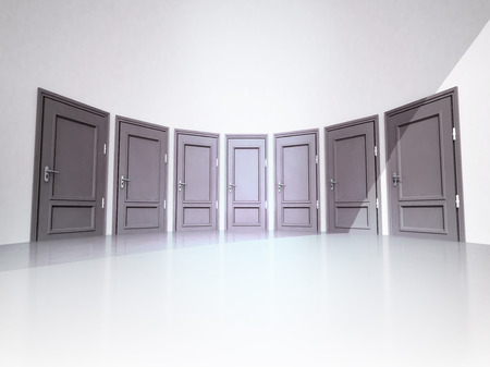 interior with seven closed doors in 3D circle illustration