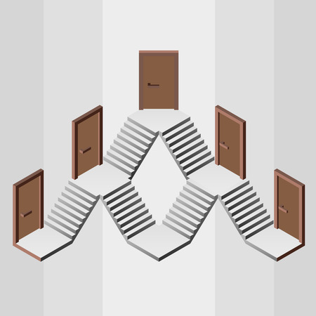 staircase way with five doors entrances illustrationのイラスト素材