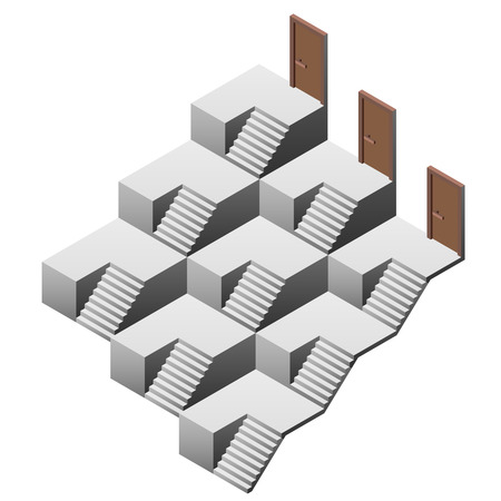 pyramidal staircase maze with three doors illustrationのイラスト素材